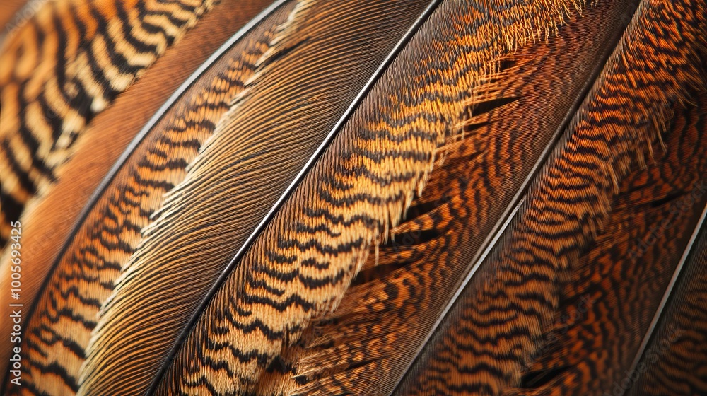 Poster macro view of a turkey feather with fine patterns and natural color variations.