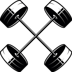 Illustration of a crossed barbells in monochrome style. Design element for logo, sign, emblem. Vector illustration