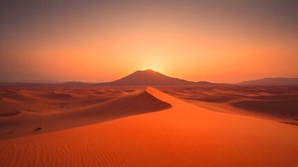 Enchanting Desert Landscape at Dusk with Vibrant Orange Sky and Silhouetted Sand Dunes