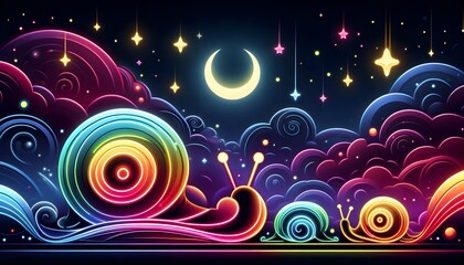 Fototapeta premium background with glowing colorful neon snail shapes and stars and moon in the night sky