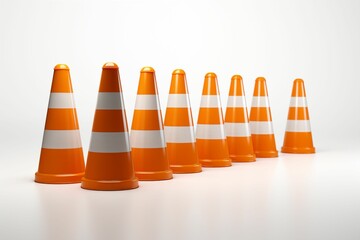 Group of orange and white street cones isolated on white background. Generative ai