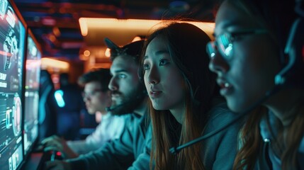 An esports team in a gaming lounge, reviewing a strategic playbook on a big screen, their expressions intense and ready for competition.