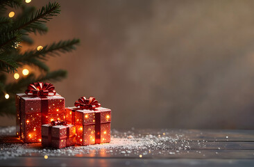 Under the Christmas tree are beautifully wrapped gifts glowing from the inside on the wooden floor on the left and plenty of free space on the right.