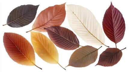 Fototapeta premium Autumn Elegance: Vibrant Collection of Red, Orange, and Yellow Leaves with Intricate Veins and Textures on White Background