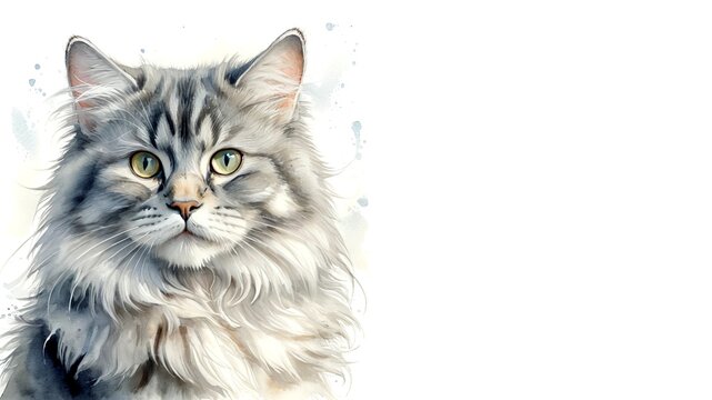 Silver Siberian cat, captured in a serene watercolor portrait. Drawing. Art. Illustration. Copy Space. 2