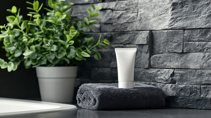 White cream squeeze tube on sink container near dark gray towel and green plants facing stone wall in bathroom, close up, mockup packaging. Natural men's cosmetic products.generative ai