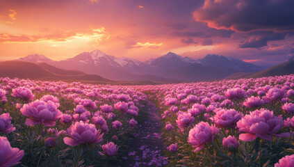 A breathtaking view of an endless field full of vibrant purple peonies, with mountains in the background and a pink sunset sky creating a magical atmosphere. Created with Ai
