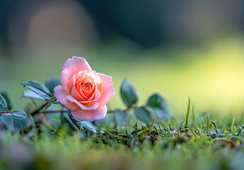  A single pink rose growing on lush green grass, with a blurred background of nature. Created with Ai