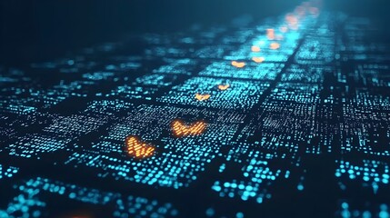 Fading footprints symbolize an online trail left behind made of a glowing digital path of binary code representing the virtual connection and data flow in the technological world