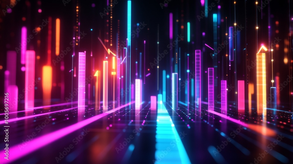 Aufkleber a dynamic 3d bar chart in bright neon colors, showing a positive data trend, with arrows and percent