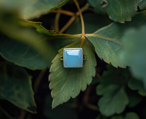 A small square-shaped blue pastel stone ring, resting on green leaves. Created with Ai