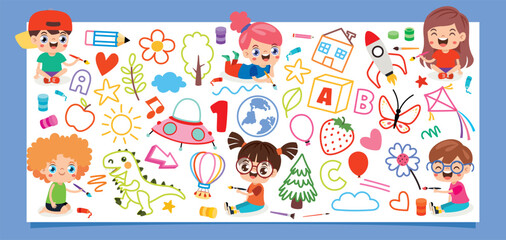 Fototapeta premium Cartoon Kids Painting On Paper