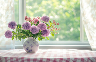 A vase of purple flowers on top of the table in front of an open window, a country-style kitchen with a checkered cloth and pastel-colored walls. Created with Ai