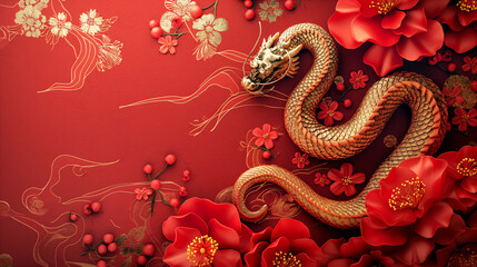 Obraz premium 2025 Chinese New Year with stunning golden snake and floral background. Generative AI