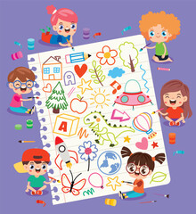 Fototapeta premium Cartoon Kids Painting On Paper
