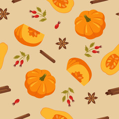 Autumn pumpkin recipe background. Whole pumpkin, piece of pumpkin, star anise, cinnamon, rosehip. Seamless pattern.
