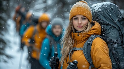A group of hikers in snowy terrain, showcasing outdoor adventure and teamwork.