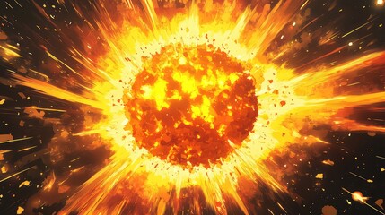 Obraz premium Cartoon explosion with a spherical fireball at the center, sending bright yellow and orange flames outward in jagged bursts.