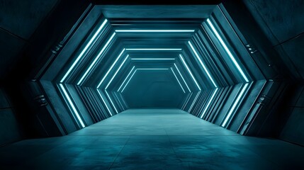 Naklejka premium Futuristic Dark Glowing Geometric Tunnel Interior 3D Visualization