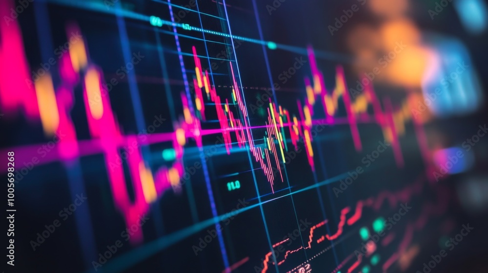 Poster a dynamic financial stock graph displayed on a digital screen, showcasing rising and falling trends 