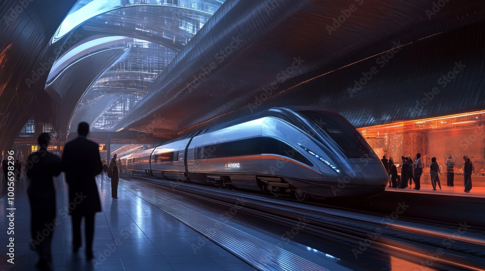 Aufkleber a dynamic action shot of a high-speed train arriving at a modern station, with passengers eagerly aw