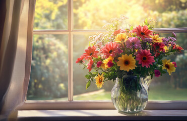 A beautiful bouquet of colorful flowers in a glass vase on the windowsill, with sunlight shining through the window and creating soft shadows on them. Created with Ai