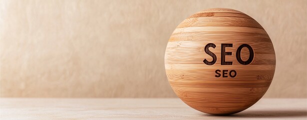 A wooden ball engraved with "SEO" sits on a smooth surface, symbolizing search engine optimization and digital marketing.
