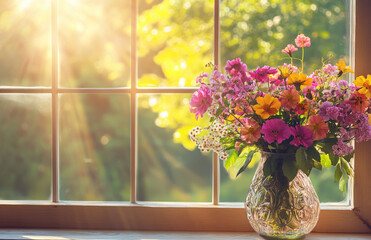 A vase of colorful flowers on the windowsill, with sunlight streaming through an open window and trees outside in the springtime. Created with Ai