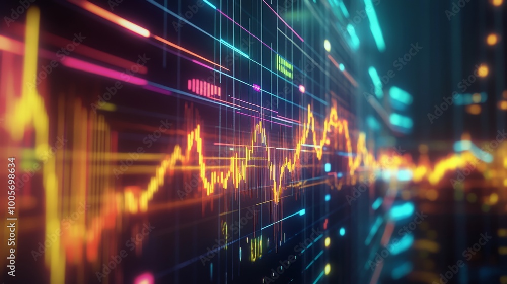 Poster a dynamic financial stock graph displayed on a digital screen, showcasing rising and falling trends 