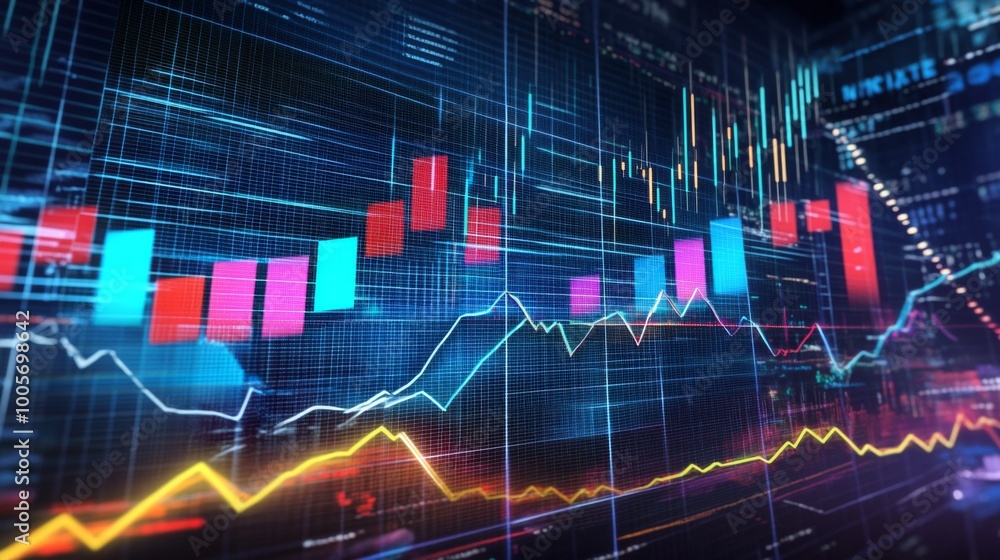 Poster A dynamic financial stock graph displayed on a digital screen, showcasing rising and falling trends with colorful lines and bars, emphasizing market fluctuations and analysis.