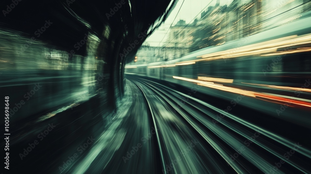 Poster a dynamic scene of a train speeding along the tracks, with motion blur effects emphasizing speed, ca