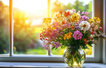 A vase of colorful wildflowers is placed on the windowsill, with sunlight shining through the window onto it and creating beautiful light effects. Created with Ai