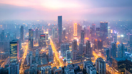 Fototapeta premium Nighttime aerial view of a modern cityscape featuring illuminated skyscrapers and bustling streets with traditional architectural elements