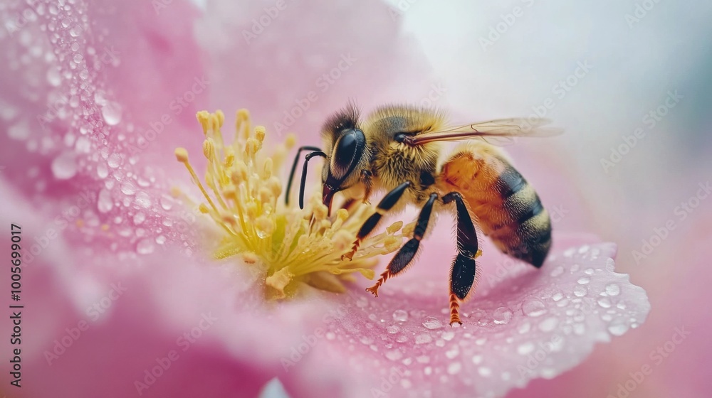 Poster A dynamic shot of a bee collecting nectar from a flower, with dew drops visible on the petals, illustrating the connection between nature and its pollinators
