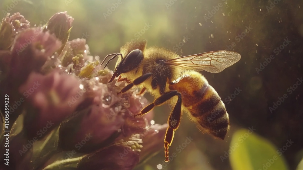 Poster A dynamic shot of a bee collecting nectar from a flower, with dew drops visible on the petals, illustrating the connection between nature and its pollinators