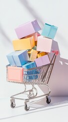 Colorful Paper boxes parcel in a trolley,concept shopping online and service home delivery,black friday,Shopping cart supermarket with boxes,Sales of products,goods through online trading platforms.