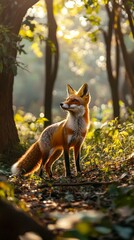 Fototapeta premium Capture the elusive charm of a fox in its natural habitat, showcasing its sleek orange fur, bushy tail, and keen expression as it gracefully navigates through a lush forest, illuminated by dappled sun