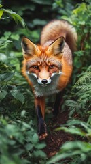 Fototapeta premium Capture the elusive charm of a fox in its natural habitat, showcasing its sleek orange fur, bushy tail, and keen expression as it gracefully navigates through a lush forest, illuminated by dappled sun