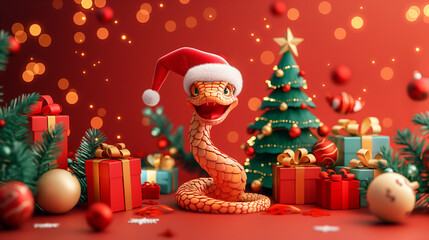 Playful cartoon snake in Santa hat with decorated Christmas tree. Generative AI