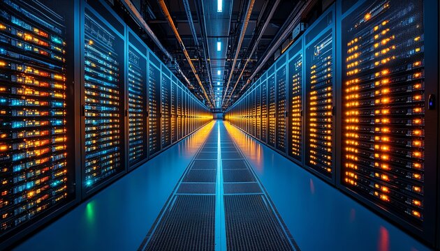 Data centers filled with rows and rows of servers as blinking light indicate constant processing