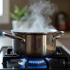 stainless steel pot with steam rising sits on a gas stove with blue flames, in a modern kitchen