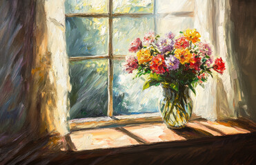 A vase of colorful flowers stands on the windowsill, against the background of an open window with wooden frames. Created with Ai