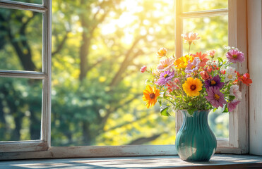 Photo of a vase with colorful flowers on an open window sill, sunlight streaming through the trees outside. Created with Ai