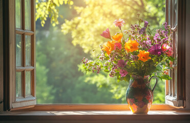 The flowers in the vase on an open window, with sunlight shining through and creating beautiful shadows on them. Created with Ai