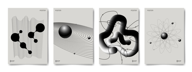 Set of abstract monochrome templates of posters, backgrounds. Creative minimalist design with line, abstract shape and pattern, gradient elements. Vector illustration, collage. Space, technology. © ANik