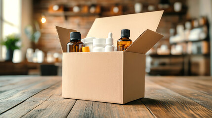 A cardboard box filled with medical supplies and bottles on a wooden floor in a cozy home interior setting, reflecting a modern health product aesthetic