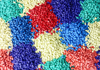 Colorful masterbatch granule, mix color polypropylene polymer granules, cold cutting type granule texture, isolated on white background, for industrial plastic company profile product catalog design