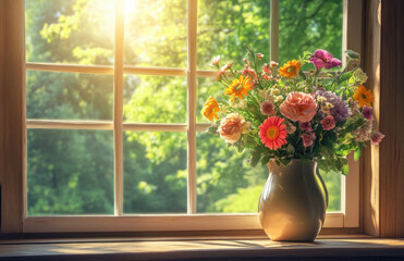  A vase of colorful flowers on the windowsill, with sunlight streaming through an open window and illuminating the green trees outside. Created with Ai