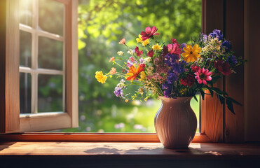 A vase of colorful wildflowers on the windowsill, sunlight shining through an open window onto them. Created with AI