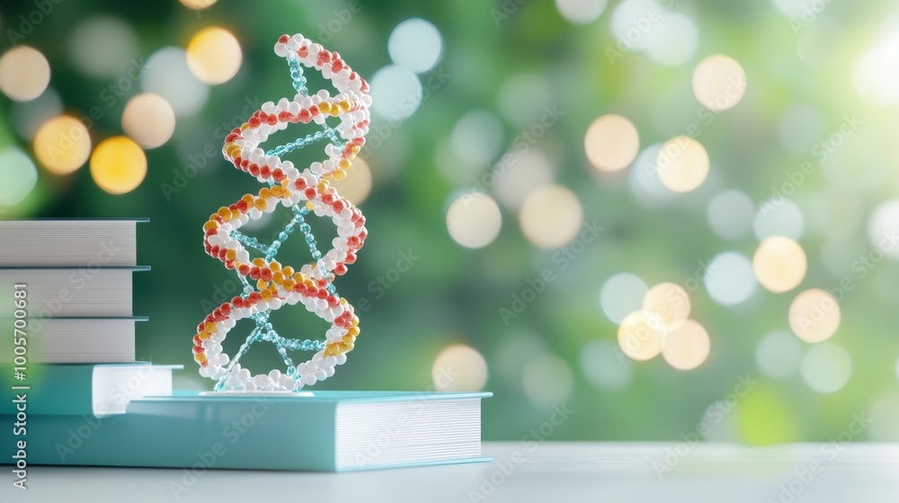 Poster A DNA double helix model placed on a table with scientific books and equipment, signifying the foundation of genetic studies.